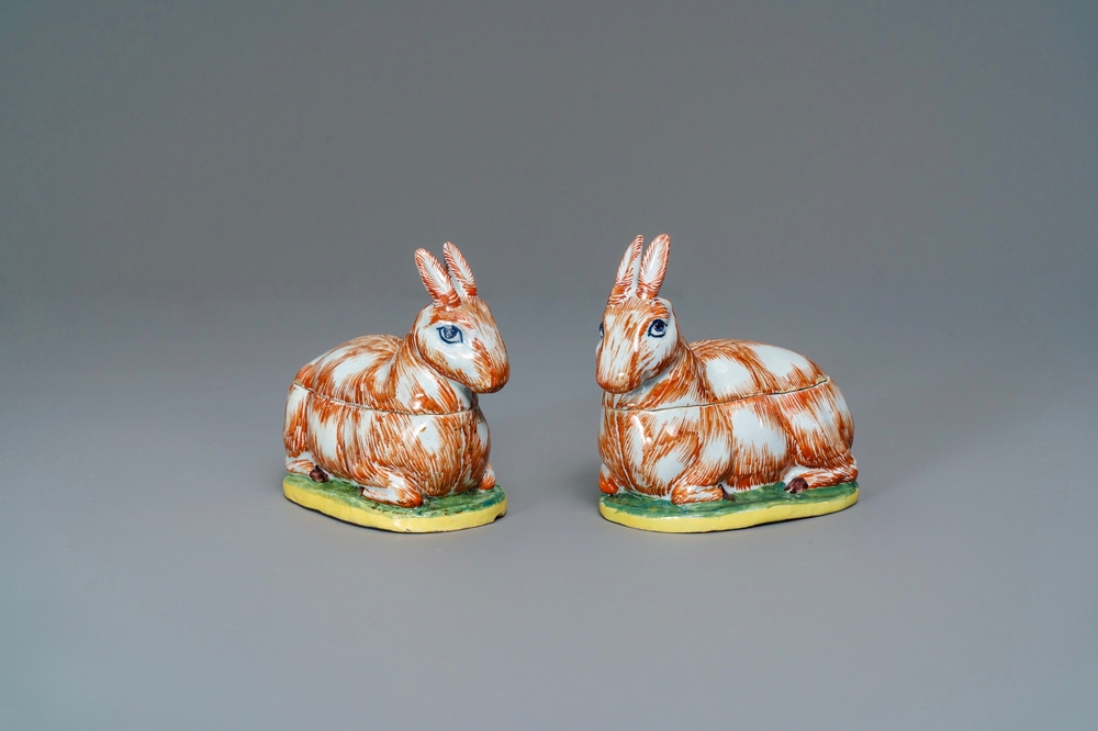 A pair of polychrome Dutch Delft 'hare' tureens, 18th C.